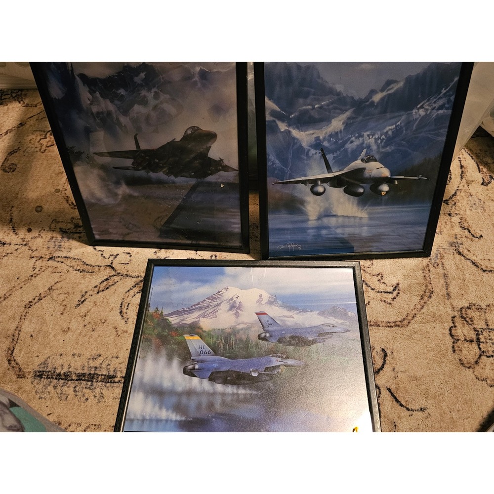 3 Dan McMorris Framed Aviation Art Prints 1998 F-15 F-16 F-18 Fighter Jets